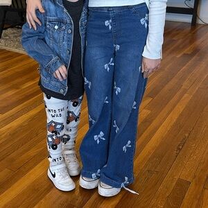 Kids Super Flare Wide Leg Denim Jeans with White Bow Embroidery